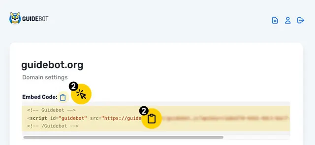 A domain adatlapján az Embed Code keretbet találja a Guidebot beágyazó kódot.